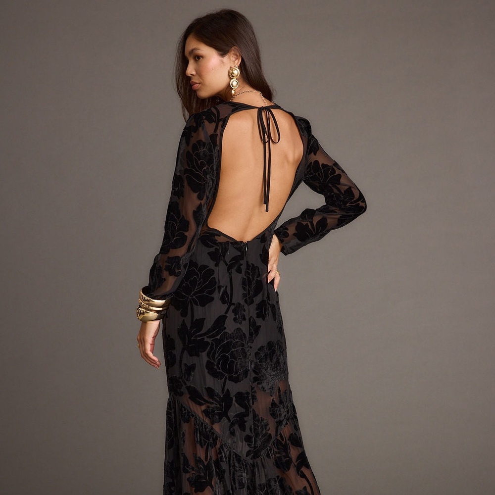 12th Tribe Angela Black Velvet Burnout Long Sleeve Maxi Dress Size SS